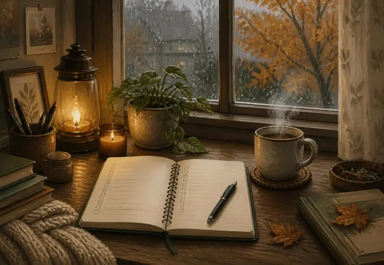 A notebook, warm lamp and mug on a wooden desk beside a rainy autumn window